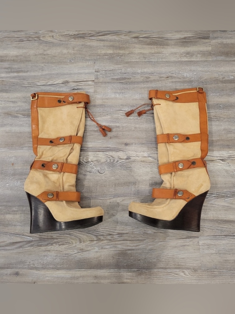 Women's Tan Suede Wedge Knee-High Boots with Leather Straps